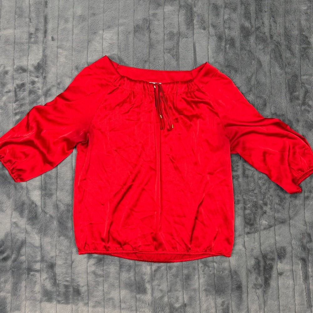 New York & Company Red Satin Blouse Medium Boat Neck 3/4 Sleeve Stretch Top 7892